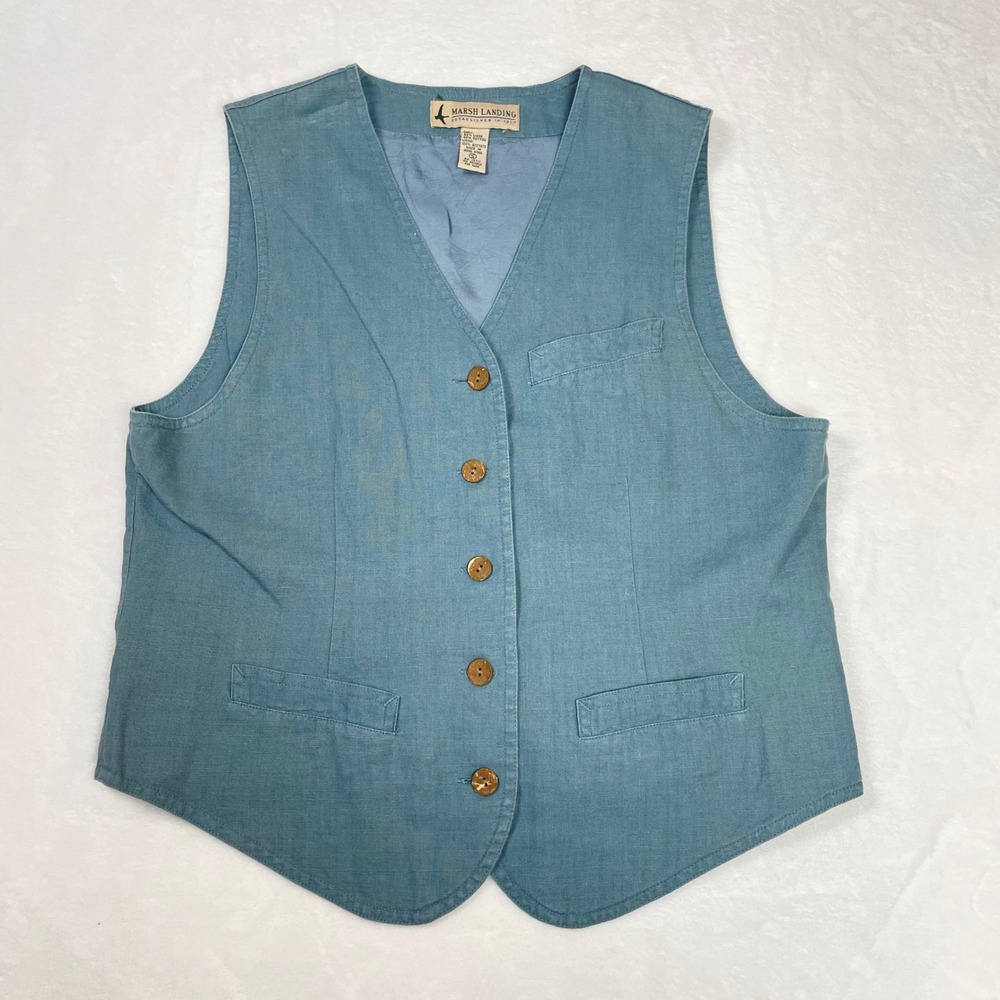 Marsh Landing Vest Linen Cotton Women S Blue Good Vintage Waistcoat Button Front